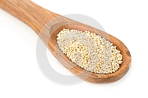 Raw, uncooked, whole quinoa seed in wooden spoon