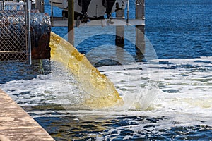 Raw untreated yellow water or sewage being pumped into a blue lake - Hollywood, Florida, USA