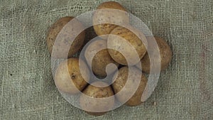 Raw unwashed potatoes pile rotate isolated on rough sacking material