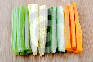 Raw vegetable sticks, carrot cucumber corn celery