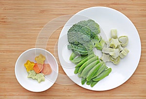 Raw of vegetables baby food broccoli and sweet pea in white plate with frozen mashed baby food homemade in white ceramic bowl on