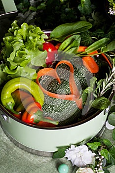 Raw vegetables in a saucepan and heart carrots, vegan