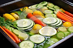 raw vegetables soaking in a garlicky marinade