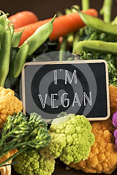 Raw vegetables and text I am vegan