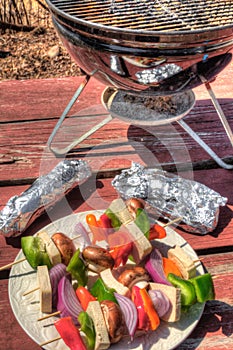 Raw Vegetables and Tofu are prepared for Kabobs and grilled on a Portable Grill