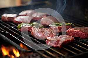 raw venison steaks on grill before cooking process