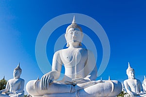 raw of white buddha status on blue sky background