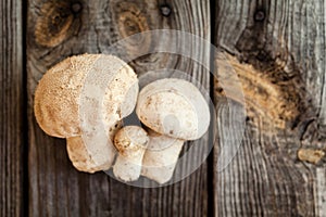 Raw white mushrooms on wooden table