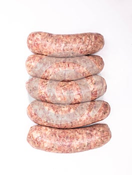 Raw white sausages, isolated. Traditional Polish meat product, Easter delicacy. A packshot photo, for package design.