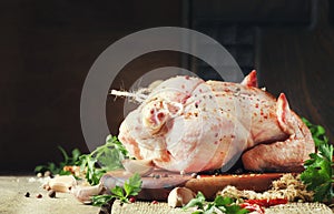 Raw whole chicken with spices and marinade for cooking, old wooden table, still life, rustic style, top view