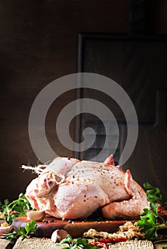 Raw whole chicken with spices and marinade for cooking, old wooden table, still life, rustic style, top view