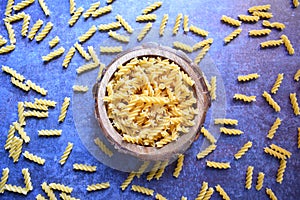 Raw whole dried Fusilli pasta