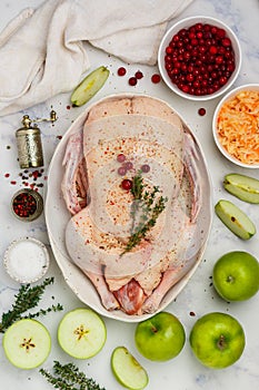 Raw whole duck for baking with apples, cranberries, sauerkraut and spices