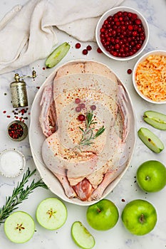 Raw whole duck for baking with apples, cranberries, sauerkraut and spices