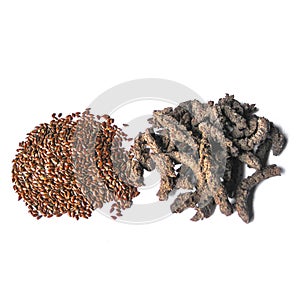 raw whole flaxseed and flaxseed expeller photo