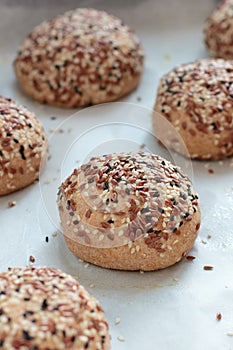 Raw wholegrain buns on the oven-tray before baking