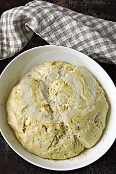 Raw yeast dough in a bowl.