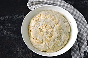 Raw yeast dough in a bowl.