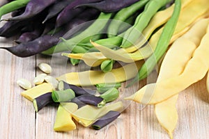 Raw yellow, green and violet beans