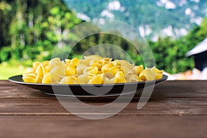 Raw yellow pasta conchiglie with country nature