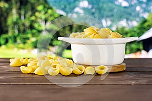 Raw yellow pasta conchiglie with country nature