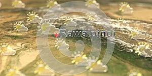 Rawalpindi city and partly cloudy weather icon on the map, weather forecast related 3D rendering