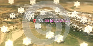 Rawalpindi city and snowy weather icon on the map, weather forecast related 3D rendering