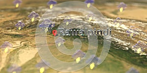 Rawalpindi city and stormy weather icon on the map, weather forecast related 3D rendering