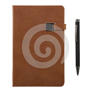 Rawhide agenda and pen over a white background, isolated background