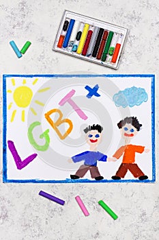 Rawing: Happy gay couple holding hands and word  LGBT