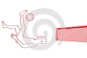 Rawing in red from a bicycle kick in front of a soccer goal