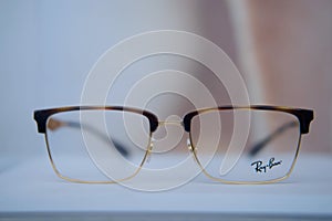 Ray-ban glasses close-up on the store shelf - Moscow, Russia, July 31, 2020