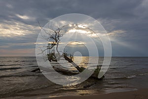 A ray of light breaks through a cloudy sky