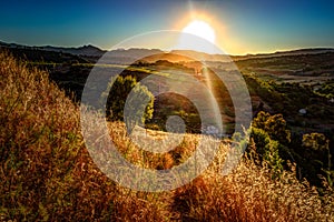 A ray of light breaks through the dramatic sky at sunset and hit a solitary tree on a hill