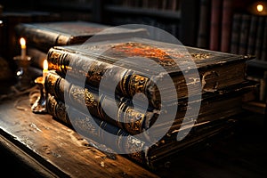 Ray of light illuminates old books on a wooden shelf