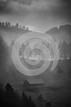 Ray of light in a misty autumn countryside landscape. Black and white image