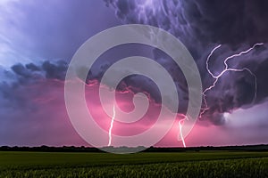 Ray. Lightning storm. Lightning bolt storm. Fork lightning striking. Lightning thunderstorm