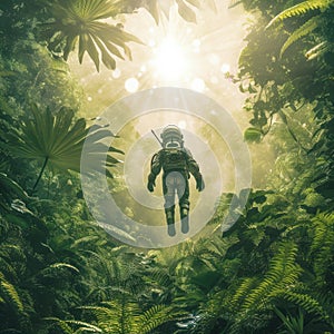 Ray of sunshine of surreal science fiction scene showing astronaut levitating in lush forest