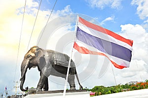 Rayong Thailand June 06 2019 Piemphong Sarn Bridge. Black Elephant Stucco  standing. Bridge for use in the return of people and