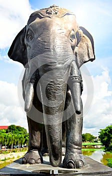 Rayong Thailand June 06 2019 Piemphong Sarn Bridge. Black Elephant Stucco  standing. Bridge for use in the return of people and