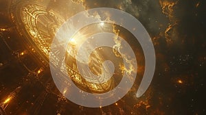 Rays of golden light illuminating a clocklike structure floating in a starry night sky depicting the intertwining