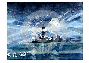 Rays of light from a night lighthouse in the sea with reflection. Acrylic illustration. Handwork, greeting card