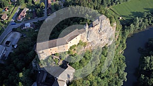 Rays of morning ligths on Orava Castle, areal picture, Oravsky Podzamok, Orava, Slovakia