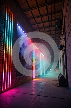 Rays neon light on neon wall with smoke. Empty scene photo