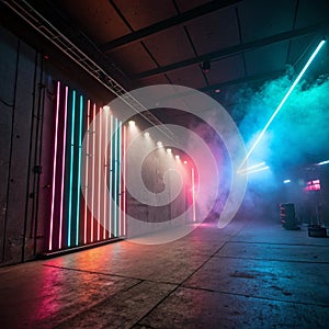 Rays neon light on neon wall with smoke. Empty scene photo