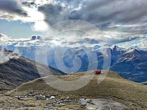 Rays of rain and sun valley from Brewster hut New Zealand wanaka