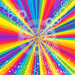 Rays rainbow striped pattern with white wave lines and circles. Abstract wallpaper colorful background, vector bright festive