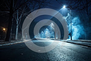 Rays and spotlights with blue light in dark scene