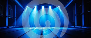 Rays and Spotlights Light with Empty Dark Scene and Blue Light