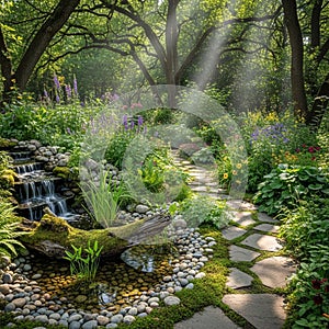 Rays of sunlight filter through the canopy of tall trees creating a